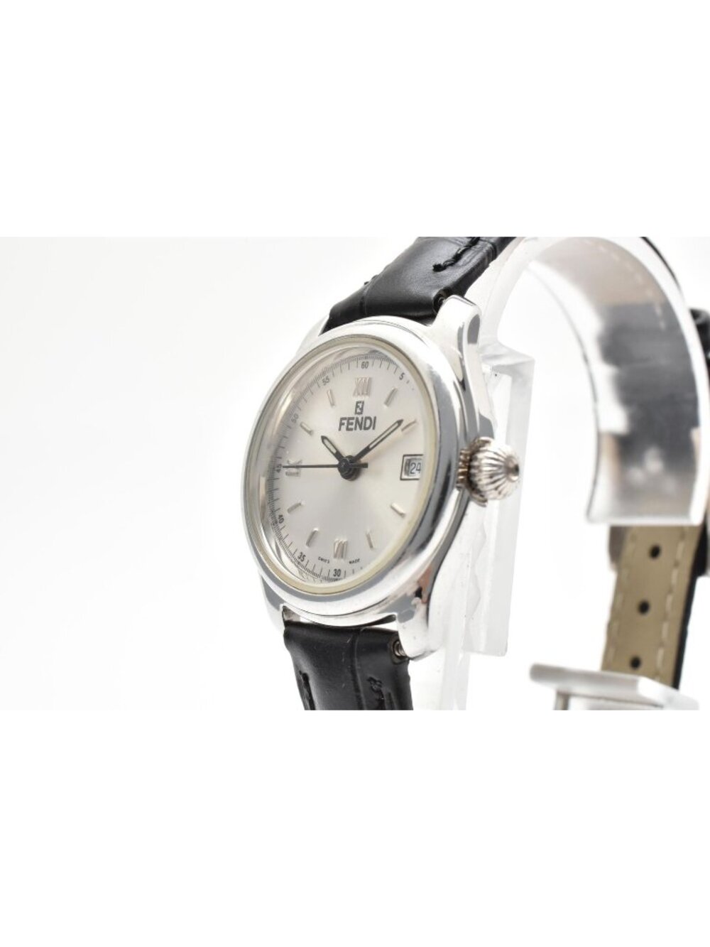 Fendi Quartz Watch Gray Dial Roman Numeral Date Stainless Steel Black Leather